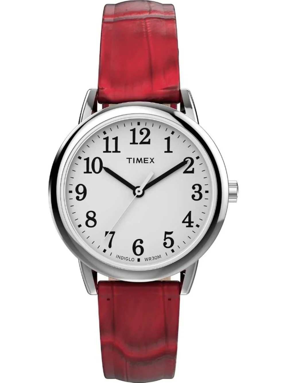 Women's Red/Silver-Tone/White/30mm Easy Reader Leather Strap Wrist Watches